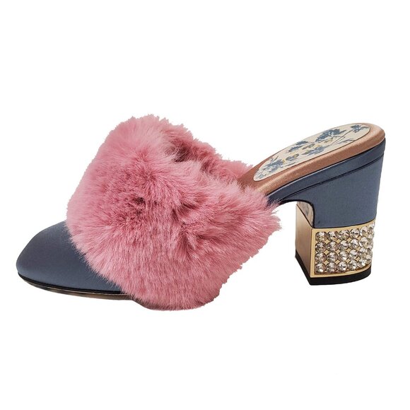 GUCCI SHOES CANDY SATIN AND FAUX FUR MULES CRYSTAL HEEL sz IT 35.5 US 5.5 - Picture 7 of 16